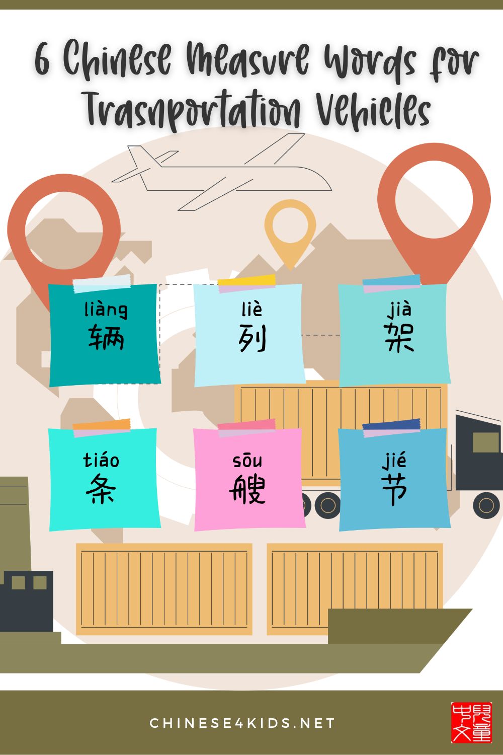 Learn Chinese measure words for transportation Montessori 3-part flashcards #Chinese4kids #Chineseflashcards #learnChinese #mandarinChinese #measurewords