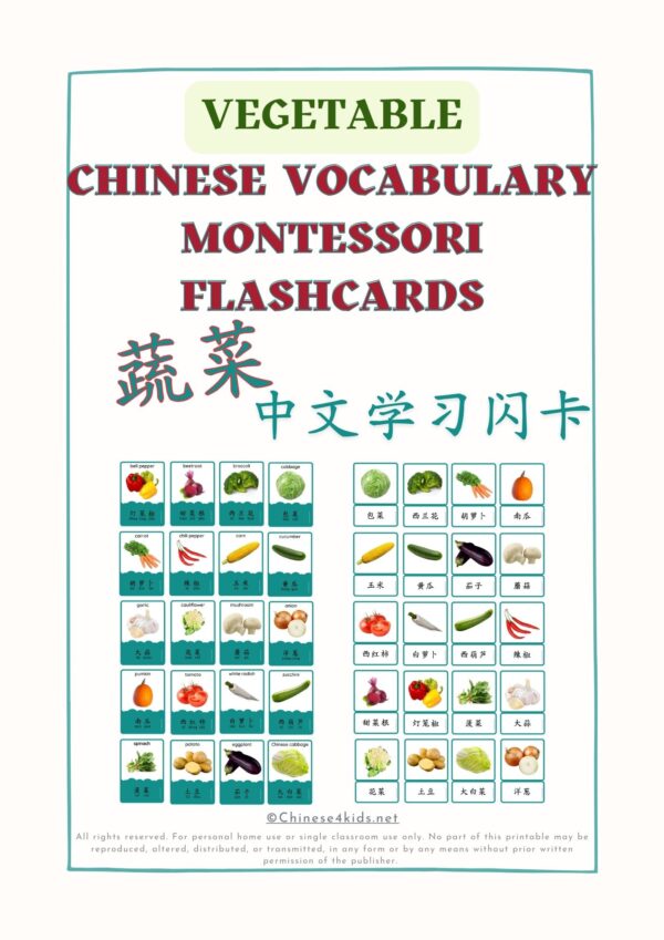 Vegetable Chinese vocabulary Montessori 3-part flashcards for kids and Chinese beginning learners #easyChinese #Chineseforkids #learnChinese #Chinesevocabulary #vegetablesChinesewords #Chinesevocab #Mandarin #Chineselanguage #worldlanguage #printable #downloadable #蔬菜单词
