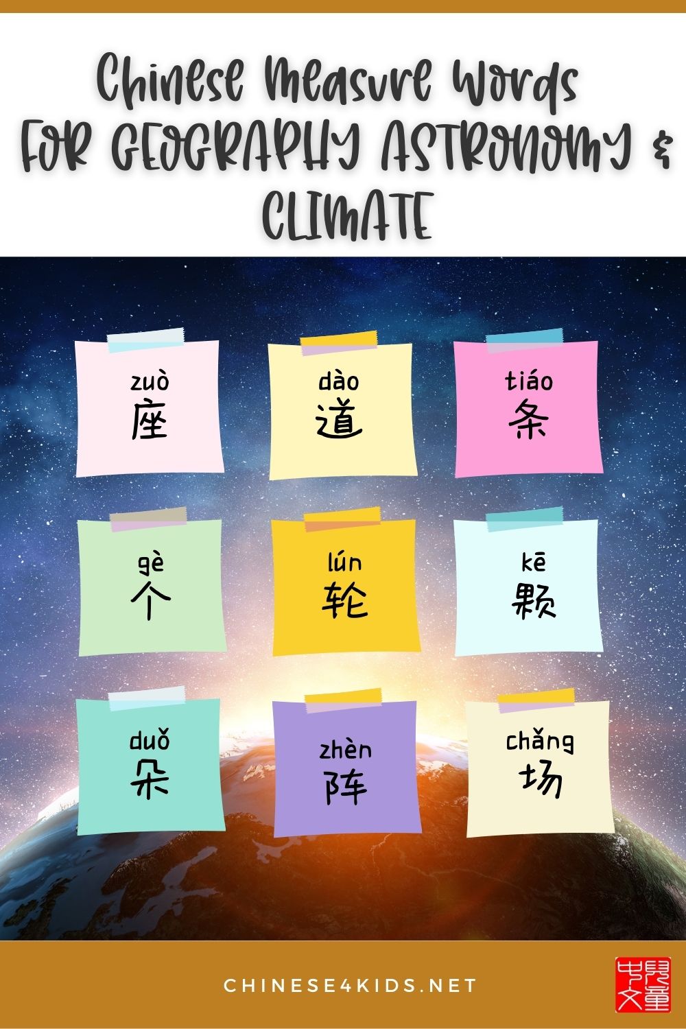 Learn Chinese measure words for geography astronomy climate Montessori 3-part flashcards #Chinese4kids #Chineseflashcards #learnChinese #mandarinChinese #measurewords