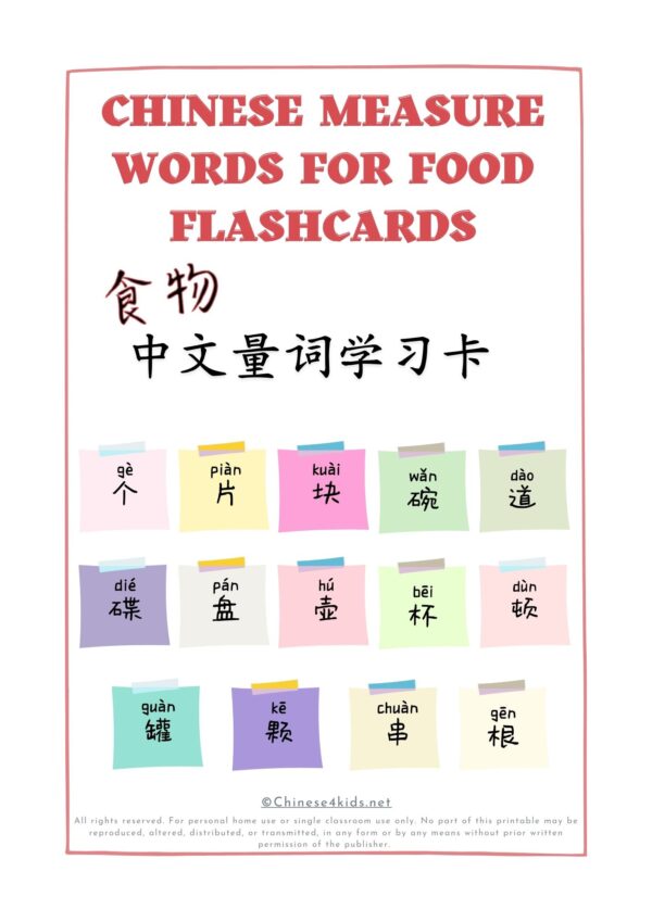Learn Chinese measure words for food Montessori 3-part flashcards #Chinese4kids #Chineseflashcards #learnChinese #mandarinChinese #measurewords