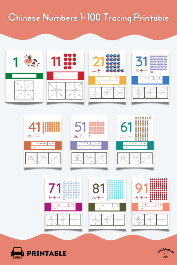 Chinese Numbers 1-100 Counting and Tracing Flashcards great for teaching kids Chinese numbers, counting and character writing from 1 to 100 #Chinesewriting #Chinesenumbers #learnChinese #learnChinesenumbers #mandarinChinese #countinChinese #writeinChinese
